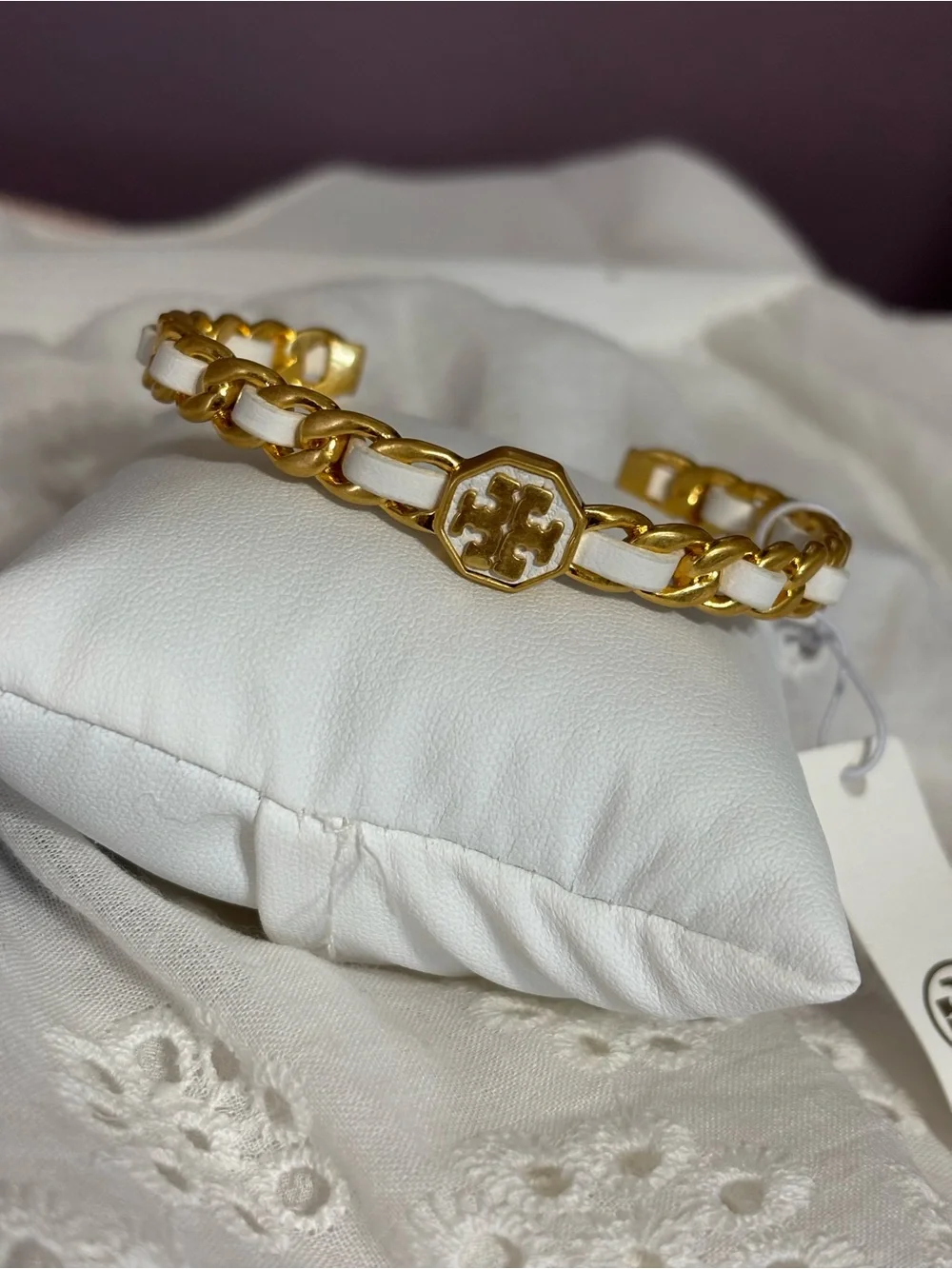 Tory Burch White Enamel and Gold Link Logo Bracelet